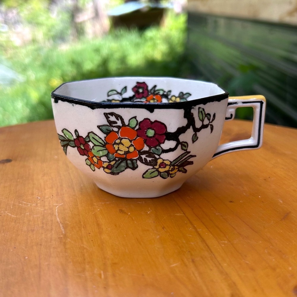 Vintage Woburn Black Teacup Octagonal Art Deco Bone China Royal Doulton Handpain